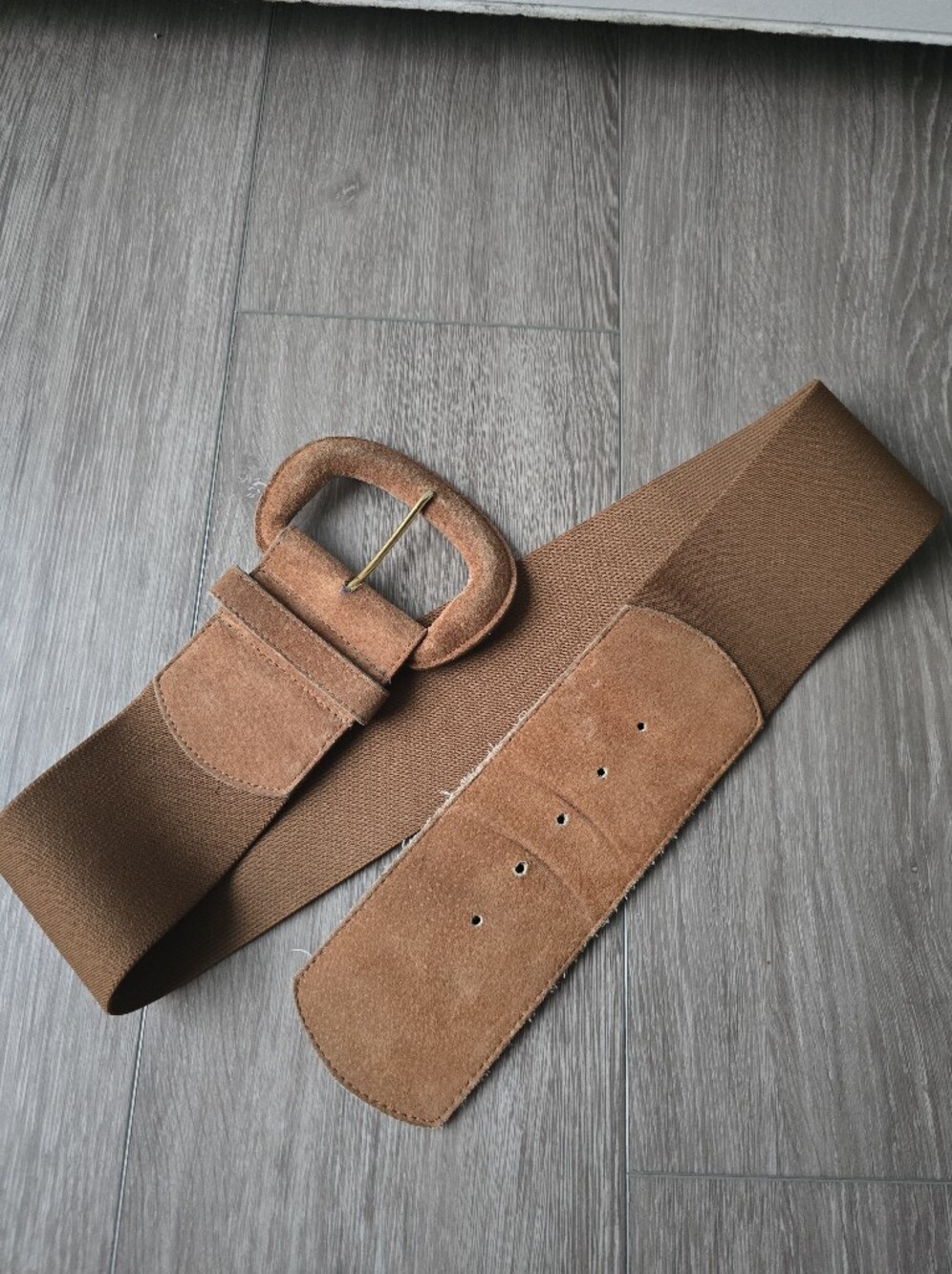 Vintage Jennifer Moore Tan Suede Wide Stretch Belt Covered Buckle Cinch Size L